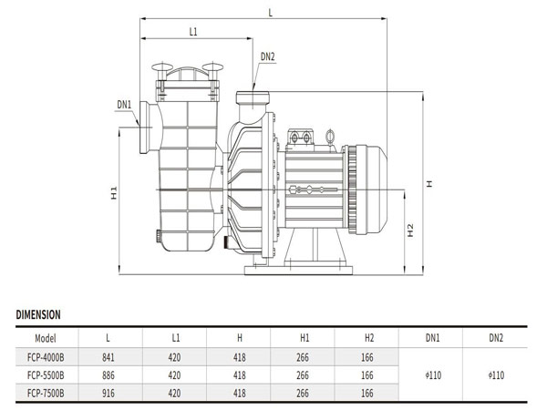 Bản vẽ kích thước máy bơm Glong FCP-7500B với họng hút và xả Ø110 mm